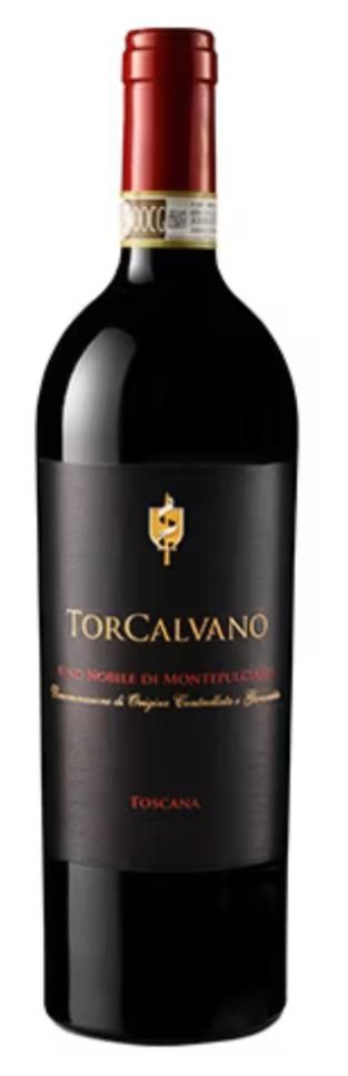 Bottiglia di vino TorCalvano, con etichetta nera, tappo rosso e stemma dorato.