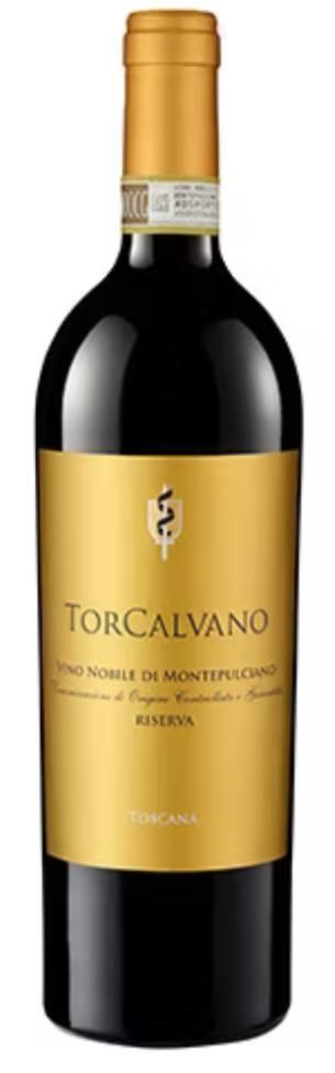 Bottiglia di vino TorCalvano Vino Nobile di Montepulciano con etichetta dorata.