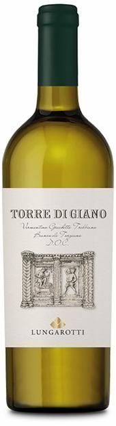 Bottiglia di vino bianco Torre di Giano. Etichetta con l'illustrazione di un edificio. Colori verde e oro.