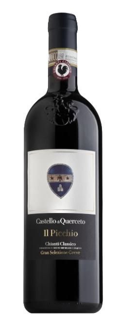 Bottiglia di vino con etichetta e stemma neri, etichetta bianca con testo: 