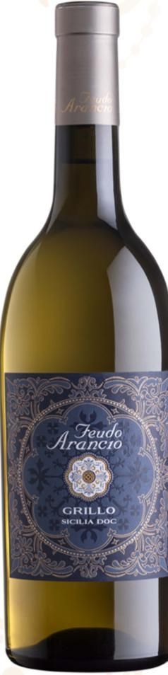 Bottiglia di vino bianco, per lo più in vetro opaco, tappo argentato, etichetta blu con testo bianco.