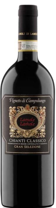 Bottiglia di vino con etichetta scura, dettagli dorati e la scritta 