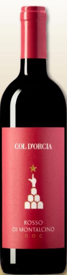 Bottiglia di vino con etichetta rossa; è visibile il nome 