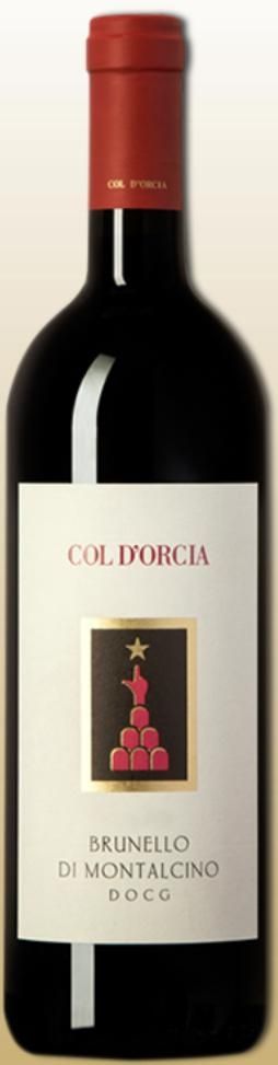 Bottiglia di vino rosso Col D'Orcia Brunello di Montalcino DOCG con tappo rosso ed etichetta bianca.