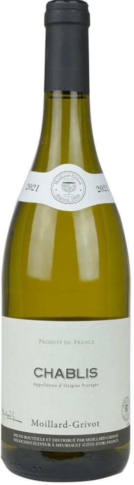 Una bottiglia di vino bianco Chablis con etichetta bianca.