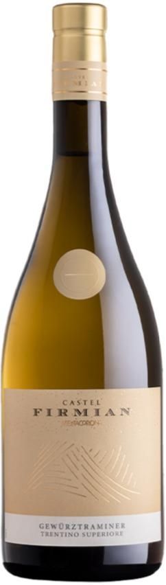 Una bottiglia di vino bianco con tappo dorato, etichetta beige con testo e sigillo dorato.