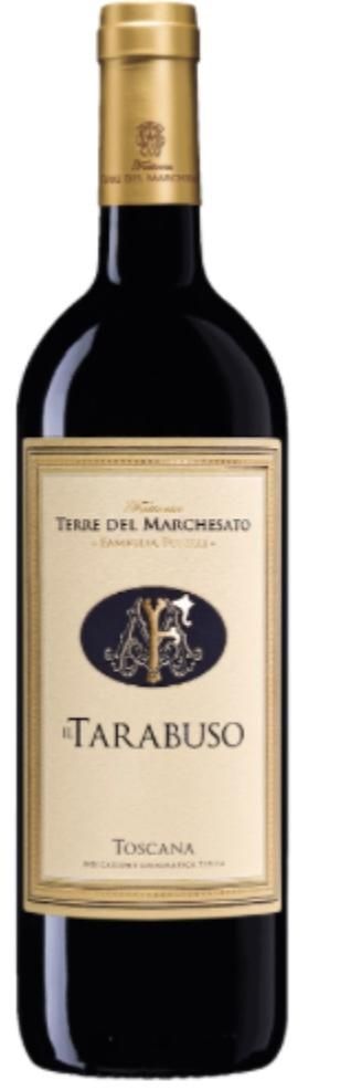 Bottiglia di vino Tarabuso Toscana. La bottiglia è scura, con tappo in lamina d'oro ed etichetta color crema con stemma blu.