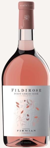Bottiglia di vino rosato FildiRose con etichetta bianca, dettagli rosa e tappo rosa.