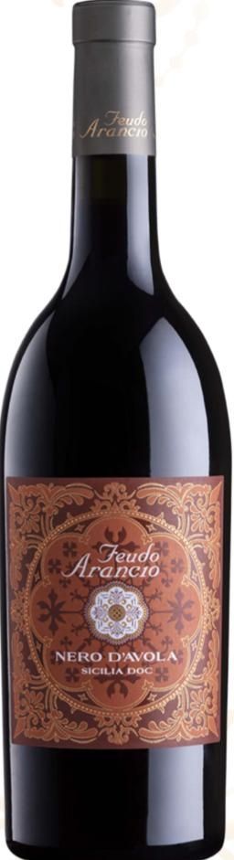 Bottiglia di vino con etichetta marrone scuro e dettagli dorati, probabilmente contenente vino rosso.