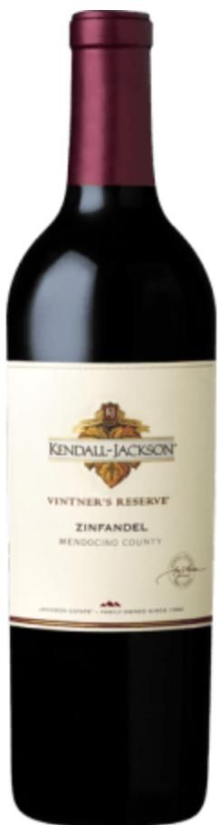 Bottiglia di vino, Kendall-Jackson Zinfandel, con collo bordeaux ed etichetta color crema con testo nero.