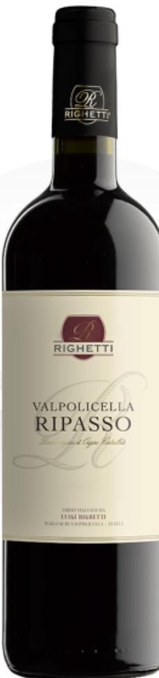 Bottiglia di vino Ricetti Valpolicella Ripasso, etichetta rossa e crema.
