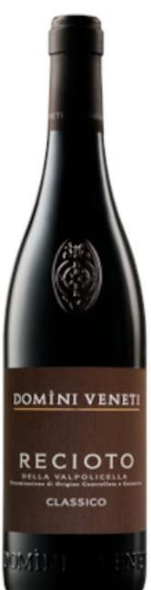 Bottiglia di vino Recioto Classico Domini Veneti. Bottiglia scura con etichetta marrone e tappo nero.