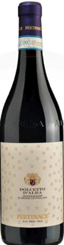 Bottiglia di vino con etichetta color crema. Presenta un testo, un emblema dorato e un motivo a pois.