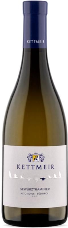 Bottiglia di vino Kettmeir con etichetta bianca e tappo blu.