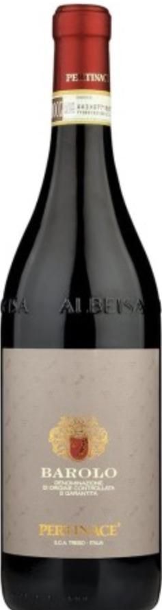 Bottiglia di vino Barolo con etichetta chiara e lamina rossa.