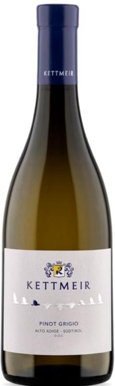 Bottiglia di vino Pinot Grigio Kettmeir con tappo blu ed etichetta bianca, su sfondo bianco.