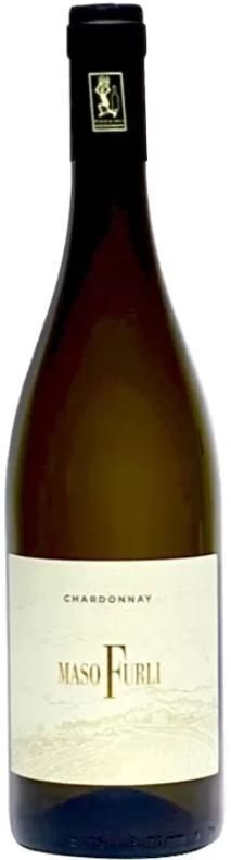 Bottiglia di vino Chardonnay Maso Furli con etichetta bianca, vetro marrone chiaro.