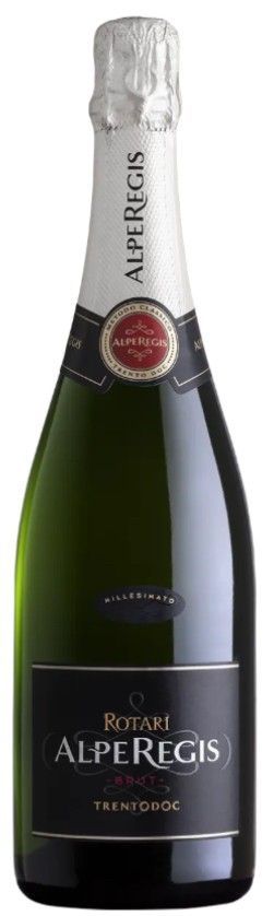 Bottiglia di spumante Rotari AlpeRegis. Bottiglia verde con etichetta scura.