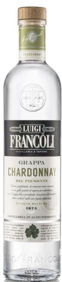 Una bottiglia di vino Chardonnay Luigi Francoli con tappo in legno.