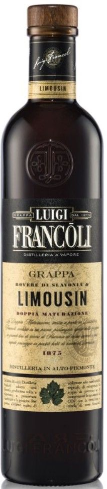 Bottiglia di Grappa Limousin Luigi Francoli. Vetro scuro con dettagli sull'etichetta, tappo in legno.