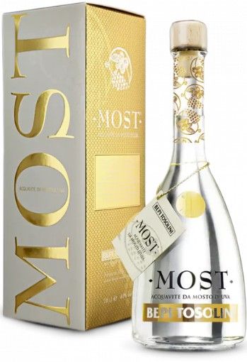 Bottiglia di vino MOST e confezione regalo dorata con scritte dorate.