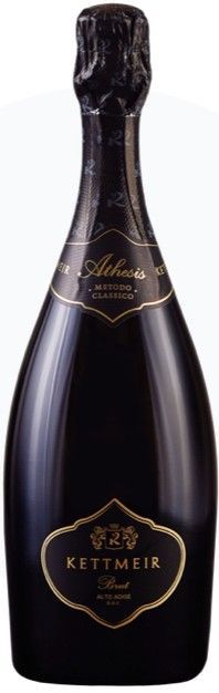 Bottiglia di spumante Kettmeir. Bottiglia scura con etichetta e tappo dorati.