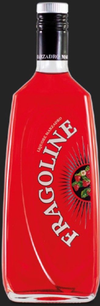 Bottiglia di liquore Frangoline rosso, con il nome del marchio in bianco e il disegno di una fragola.