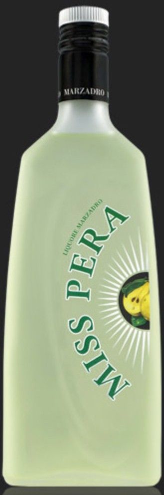 Bottiglia di liquore alla pera Miss Pera, verde con il logo di una pera.