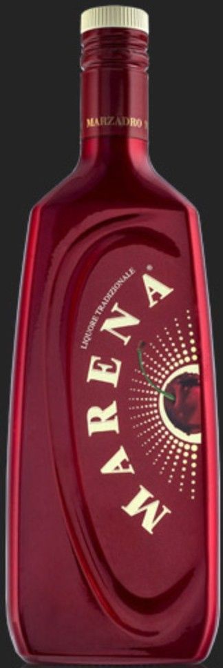 Bottiglia di liquore Marena, color bordeaux con dettagli dorati, su sfondo scuro.