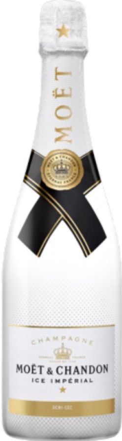 Bottiglia di champagne Moët & Chandon Ice Impérial; etichetta bianca con dettagli dorati e neri.