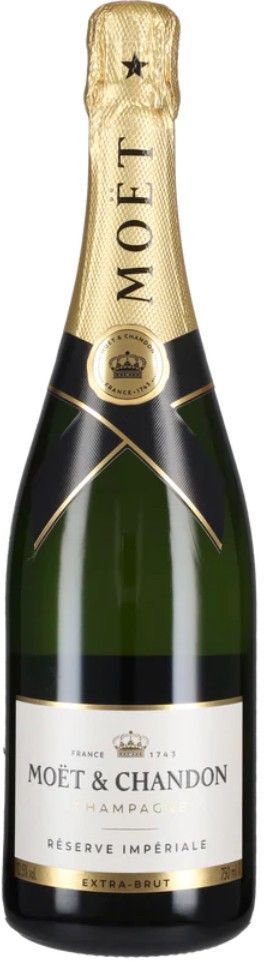 Bottiglia di champagne Moët & Chandon con lamina ed etichetta dorate. Bottiglia in vetro verde, etichetta bianca, lamina nera.