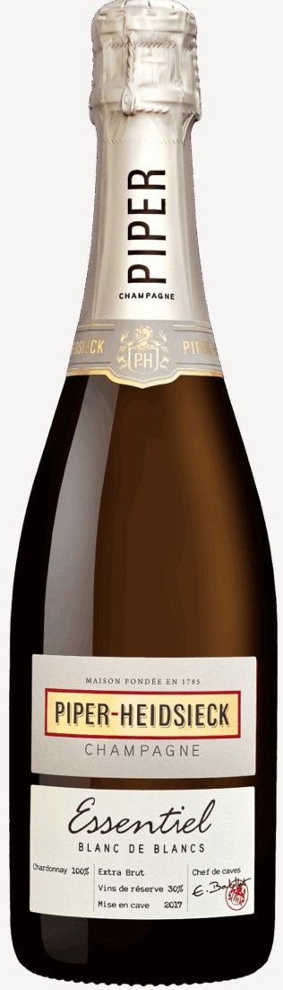 Bottiglia di champagne Piper-Heidsieck. Lamina d'argento attorno al collo, con etichetta bianca e oro con la scritta 