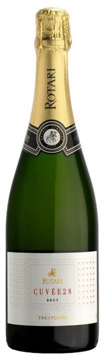 Bottiglia di vino spumante Rotari Cuvee 24, in vetro verde con lamina dorata ed etichetta bianca.
