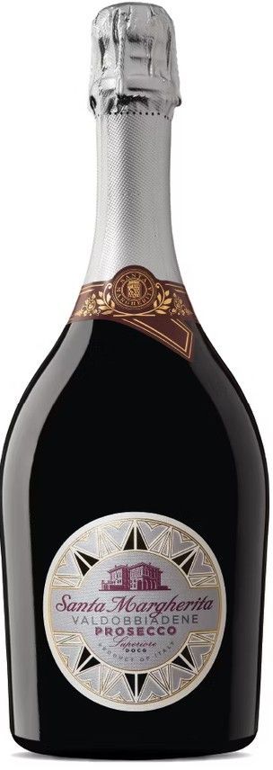 Bottiglia di Prosecco Santa Margherita Valdobbiadene, con etichetta argentata con logo e testo su una bottiglia scura.
