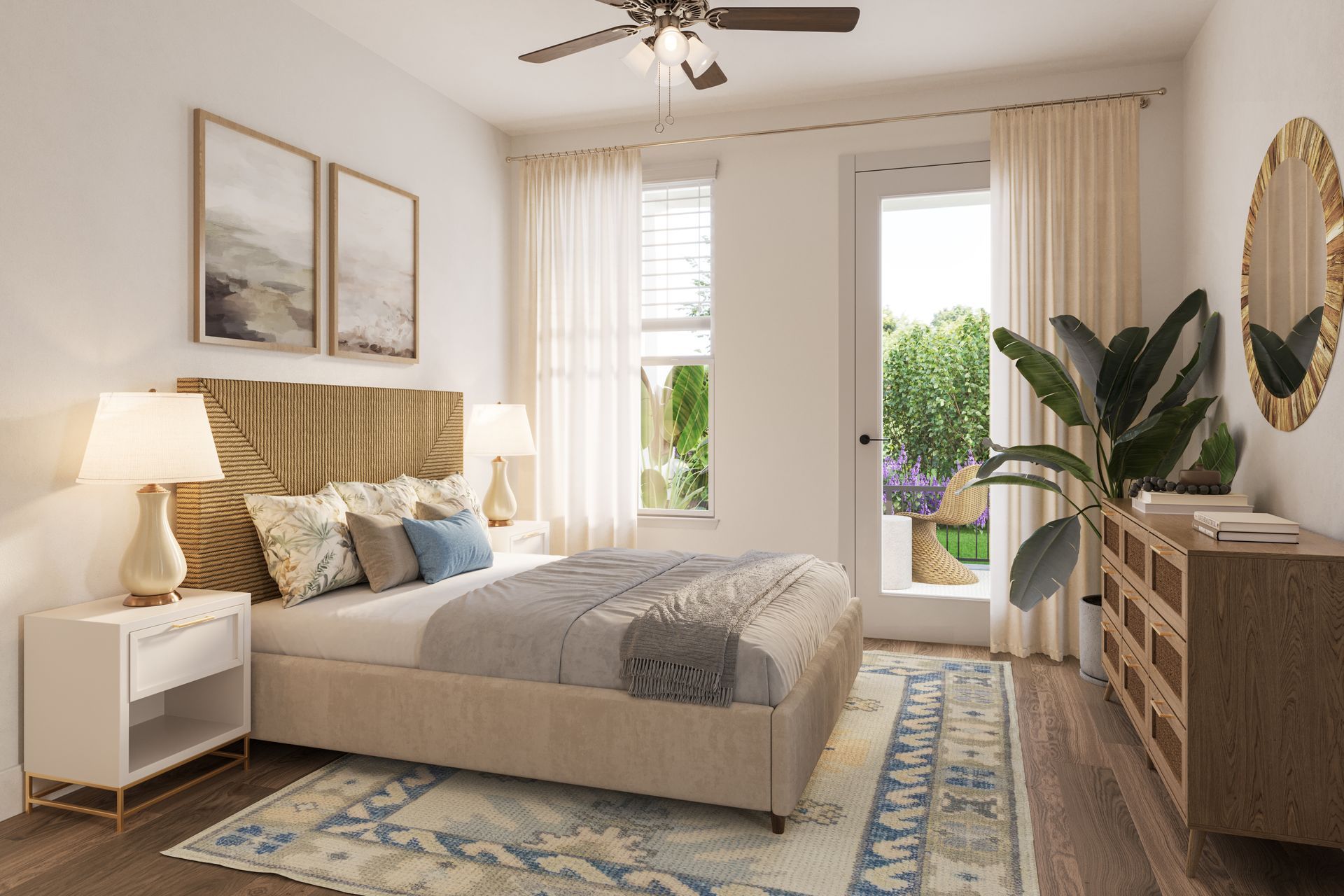 A bright, modern bedroom featuring a beige bed with textured headboard, a patterned rug, wooden dresser, and houseplant.