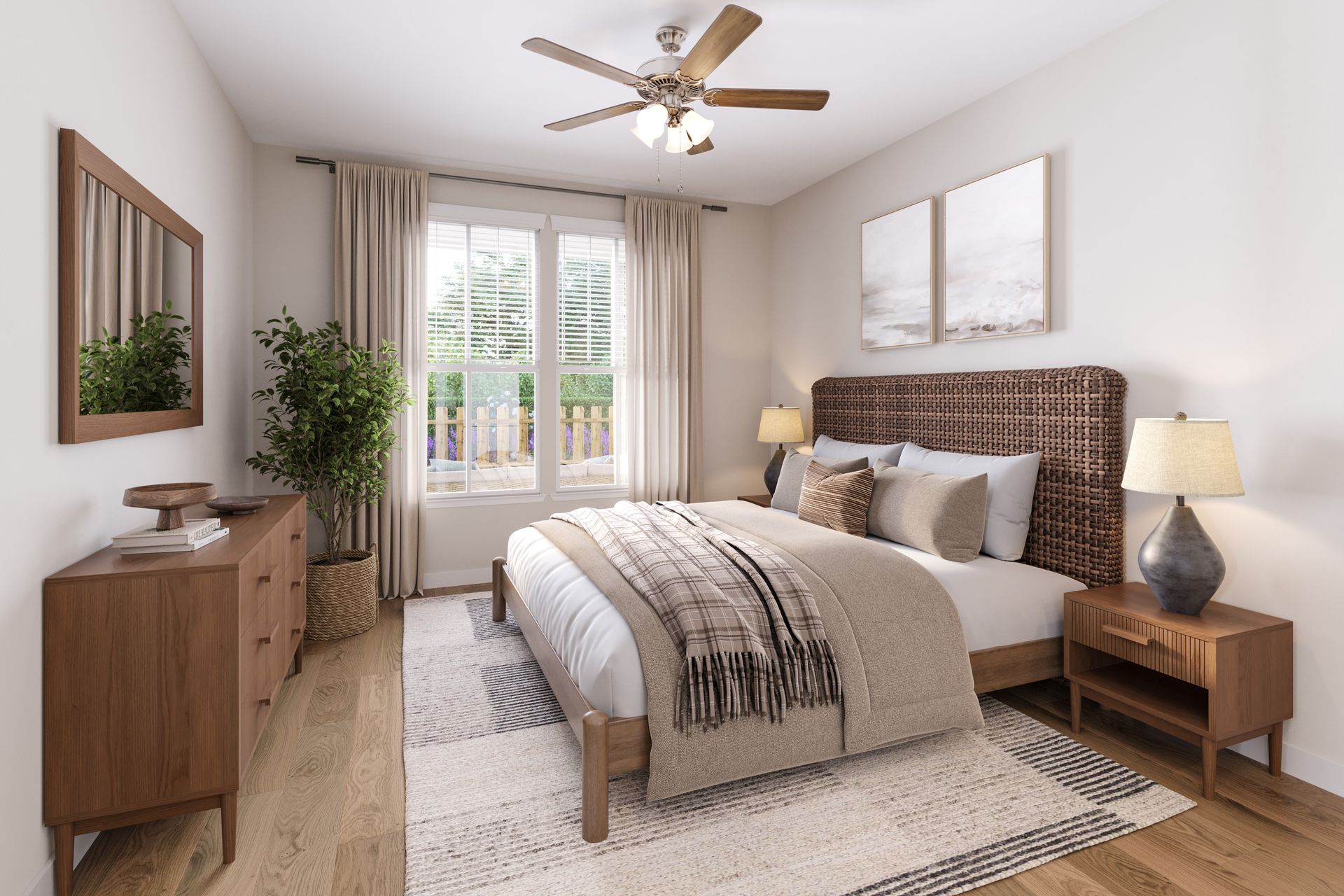 A neutral-toned bedroom with a wooden bed, patterned rug, dresser, potted plant, and wall art in a sunlit space.