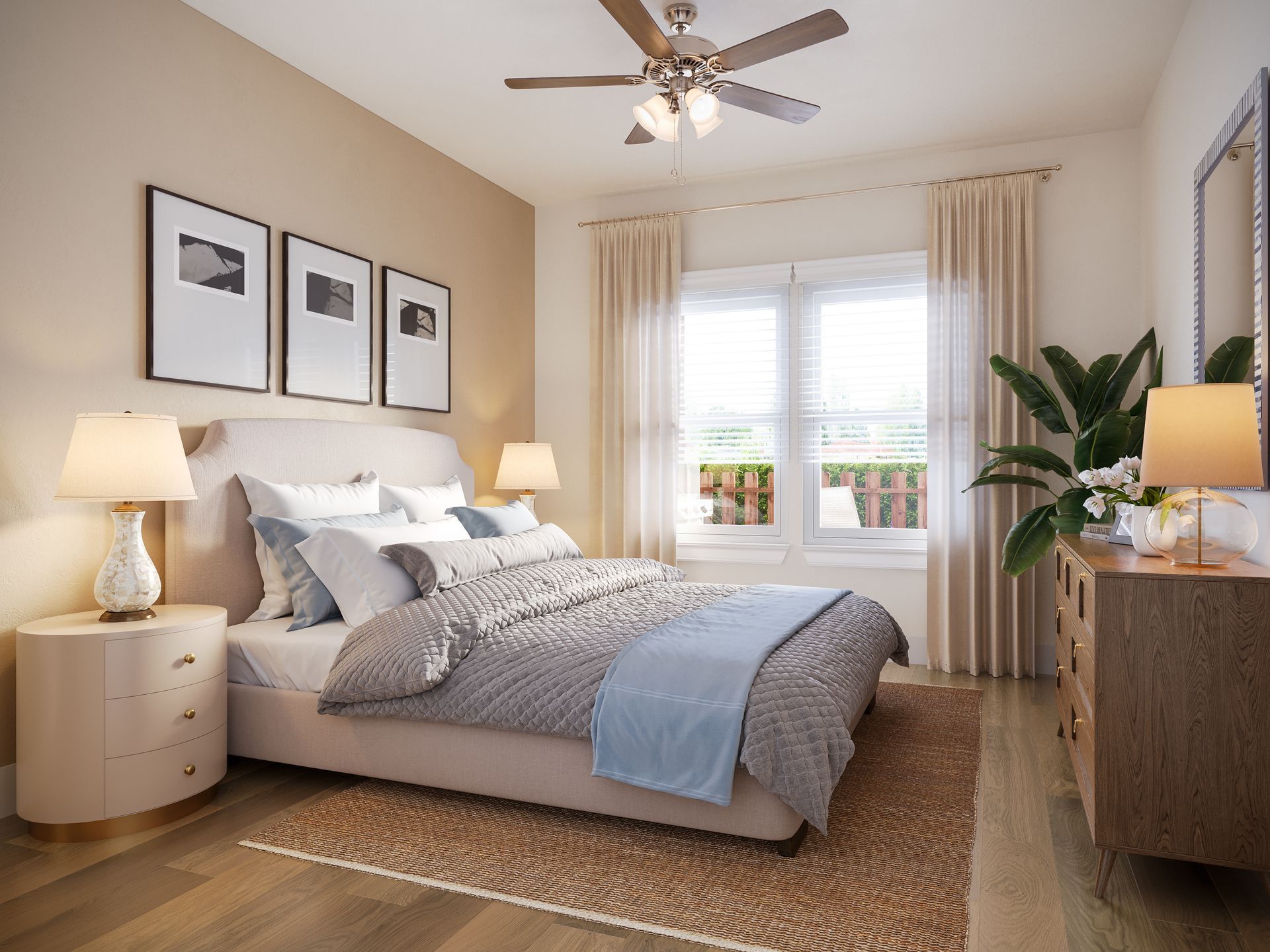 A modern, neutrally toned bedroom featuring a bed with patterned bedding, two bedside tables, and a wooden dresser.