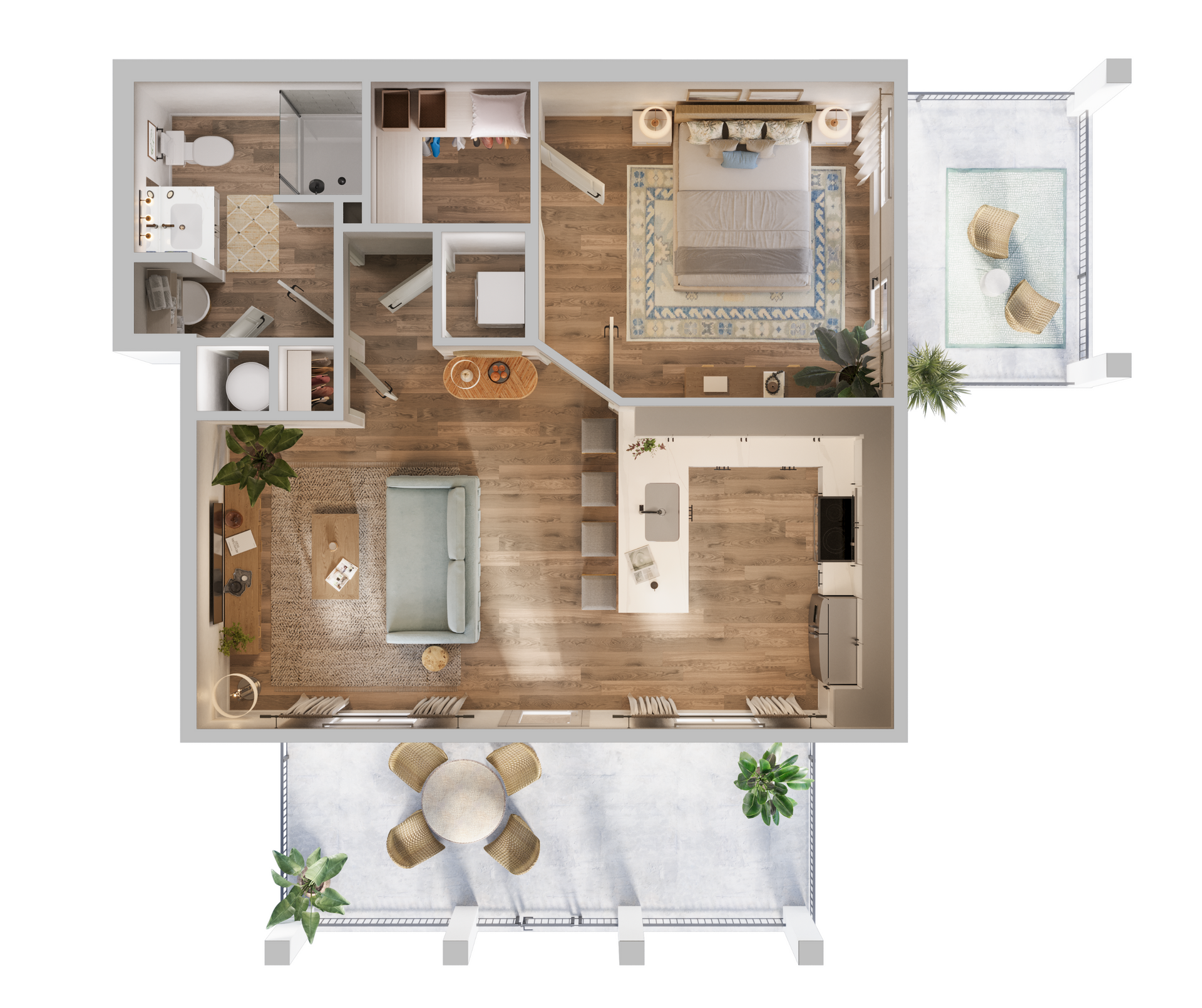 Top-down floor plan of a one-bedroom apartment with an open kitchen, living area, two bathrooms, and two outdoor patios.