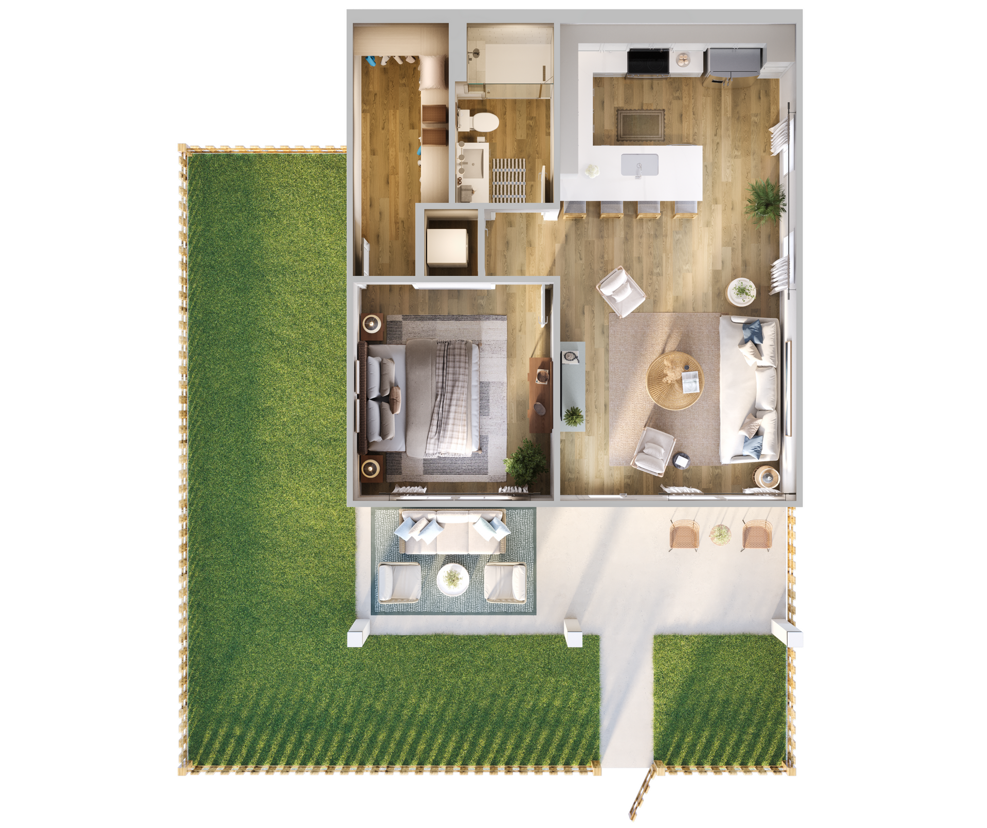 Floor plan for a one-bedroom apartment with a kitchen, living area, bathroom, bedroom, and a large private fenced yard.