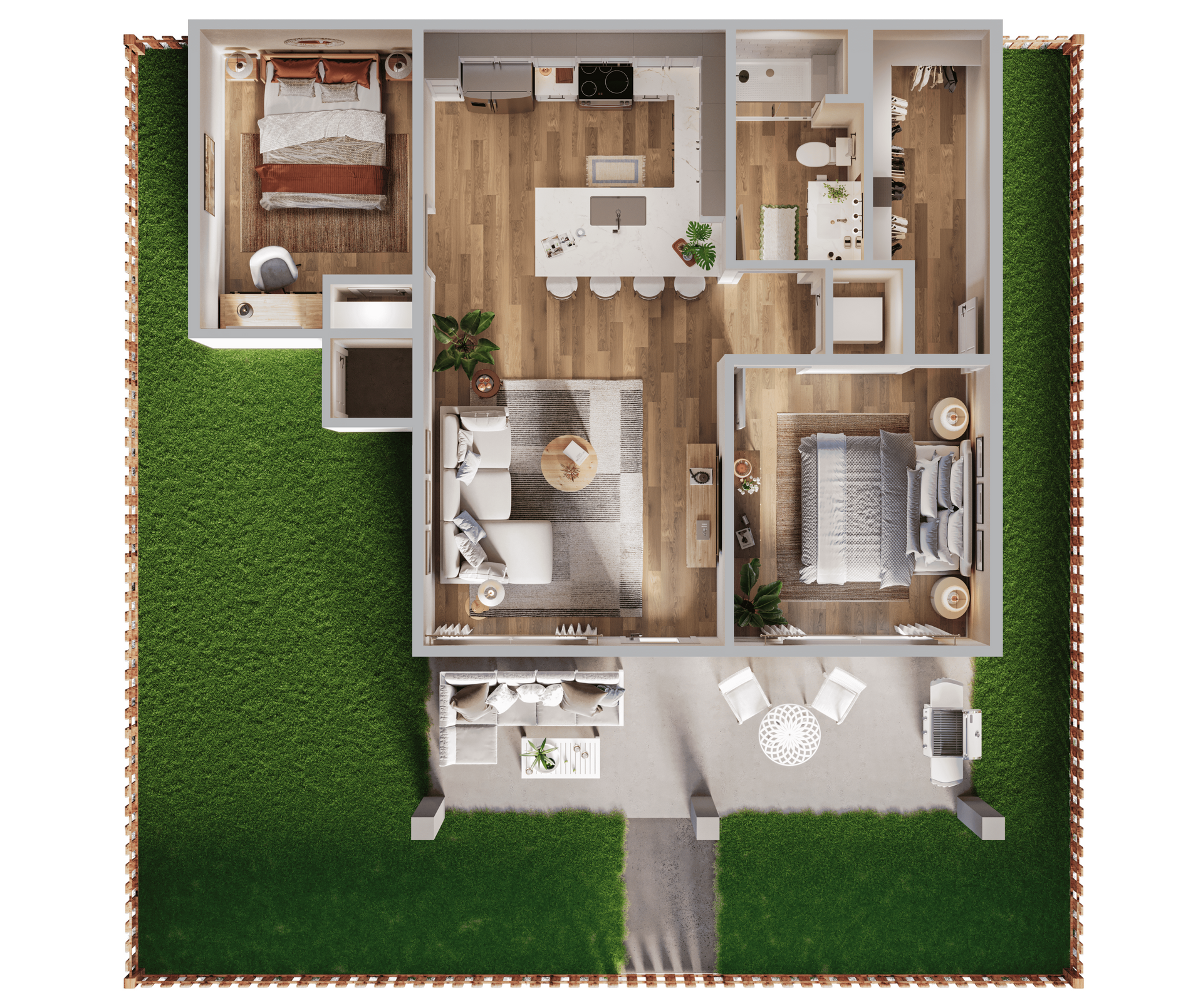 A 2D floor plan of a two-bedroom, two-bathroom apartment with an open living area and a fenced backyard patio.