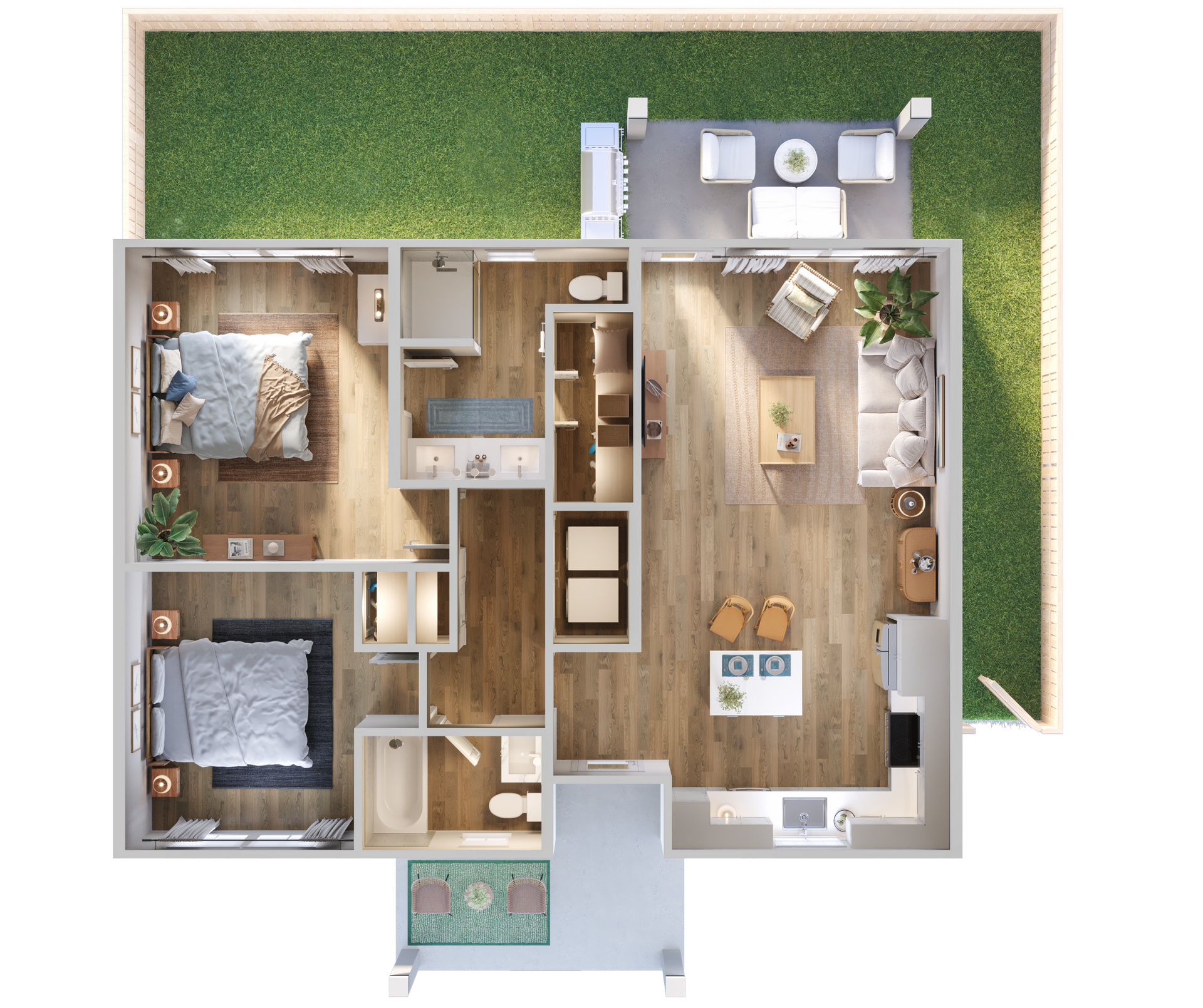 A 3D top-down floor plan of a two-bedroom, two-bathroom apartment with an open living area, kitchen, and patio.