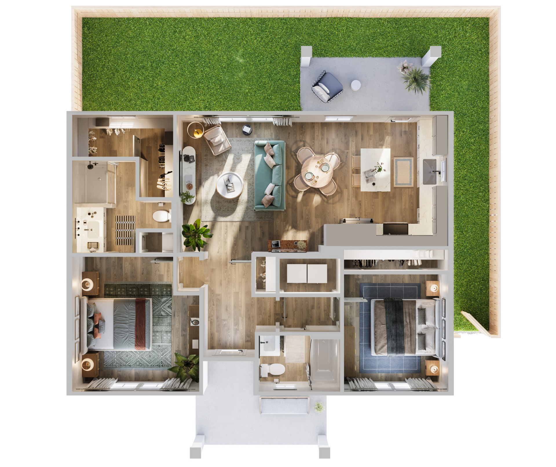 Top-down 3D floor plan of a two-bedroom apartment with an open living area, dining space, and backyard patio.