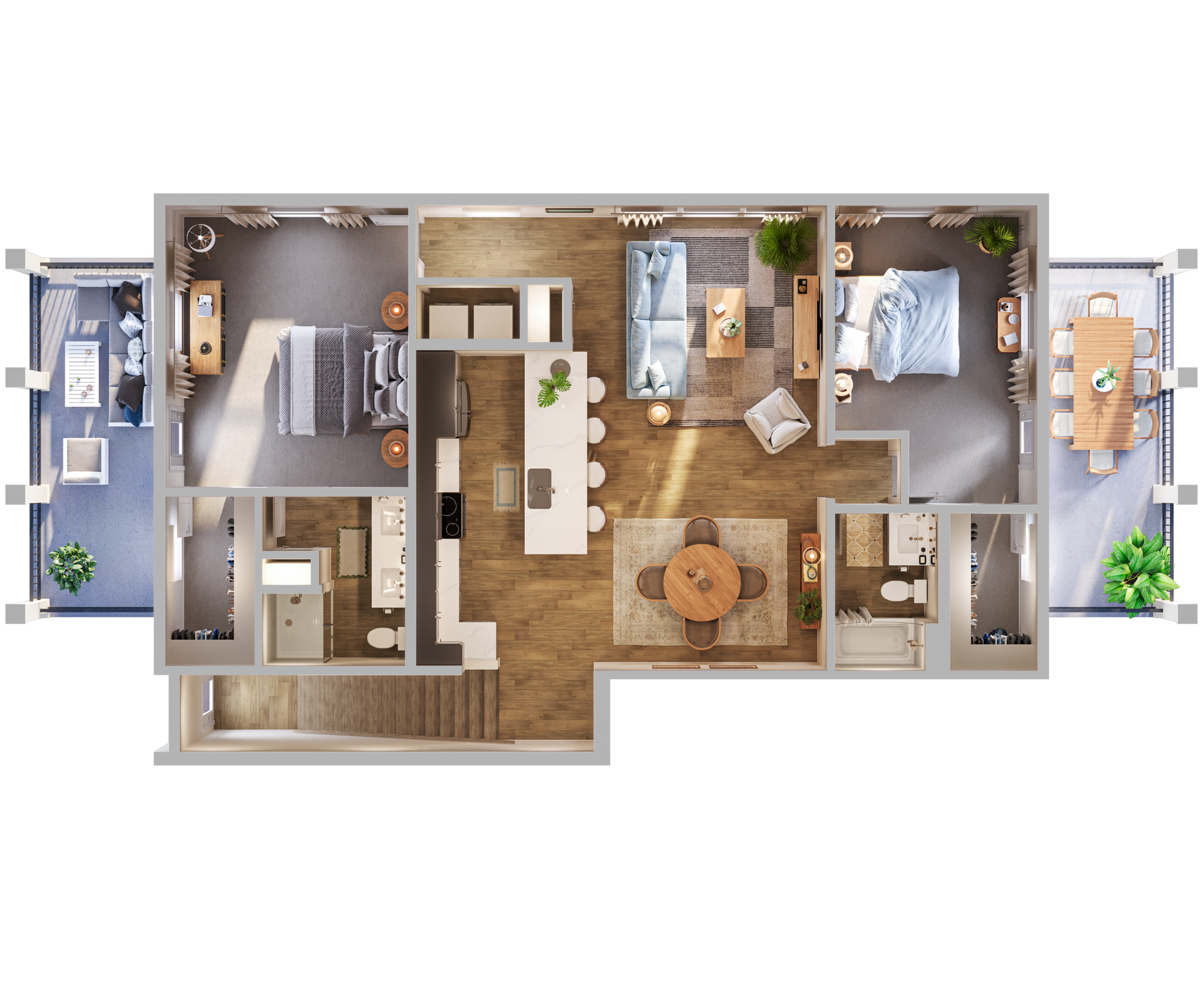 A top-down floor plan showing a two-bedroom apartment with a kitchen, dining area, living room, and two balconies.