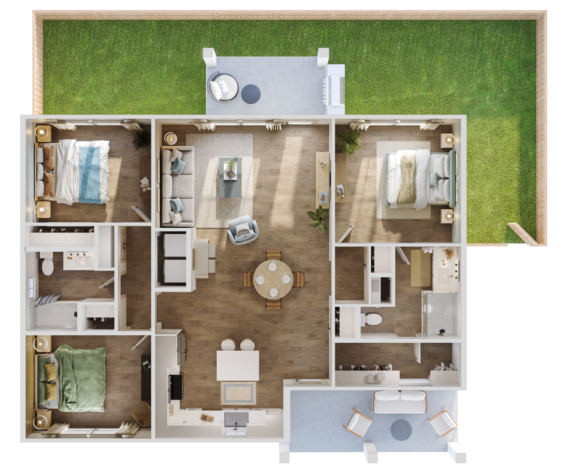 Top-down 3D floor plan of a house showing three bedrooms, two bathrooms, a central living area, and outdoor patios.