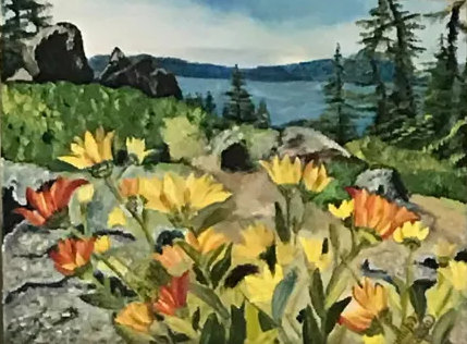 Painting of a lakeside landscape with vibrant yellow and orange wildflowers in the foreground and mountains in the back.
