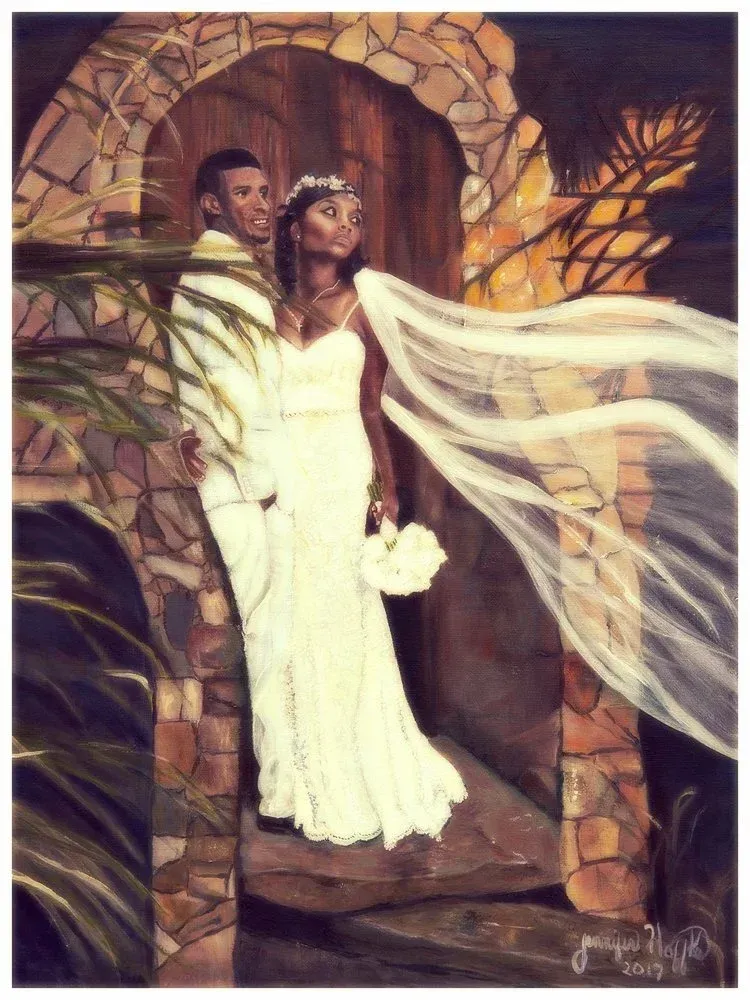 An oil painting of a couple in wedding attire standing under a stone archway with a flowing veil, lush foliage, and light.