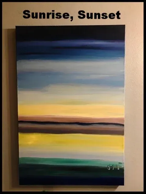 A vertical abstract painting featuring horizontal bands of color transitioning from dark blue to yellow, brown, and green.