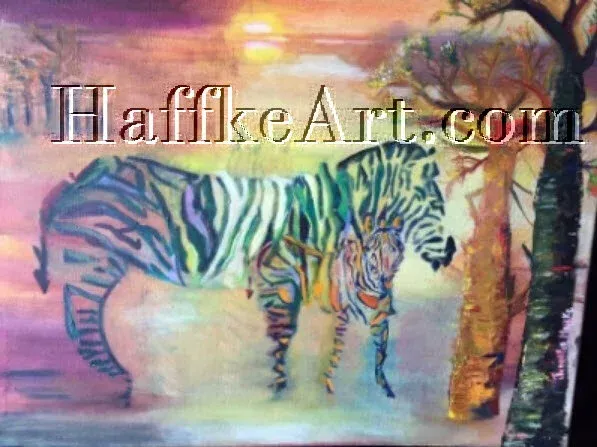 An impressionistic painting of a zebra standing in a savanna at sunset, with a tree to its right.