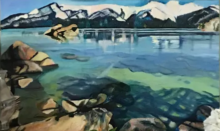 An oil painting of a clear, blue lake surrounded by rocky shores with snow-capped mountains in the background.