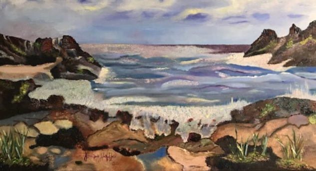 An oil painting of a rocky coastline with crashing ocean waves under a cloudy sky.